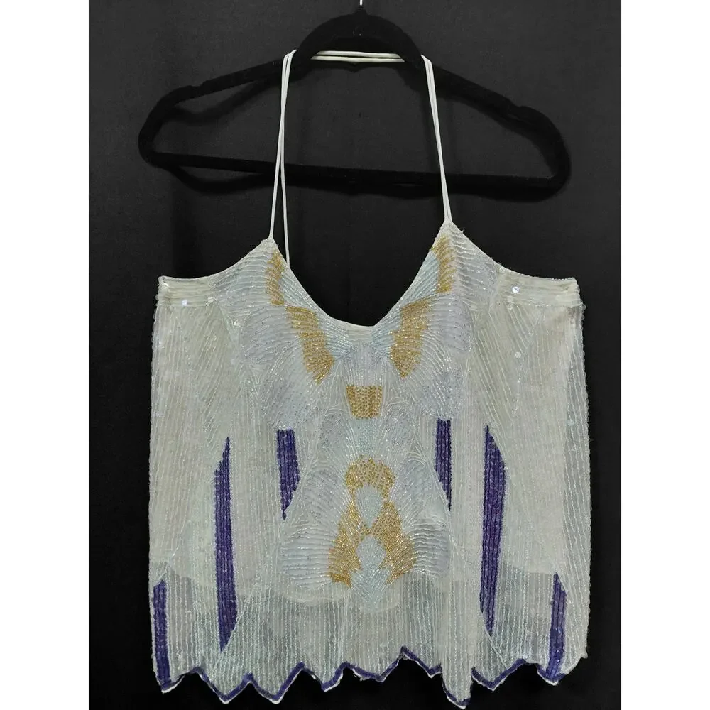 Free People Sequin Beaded Halter Top White Nylon Sleeveless Women Size L - Picture 1 of 8